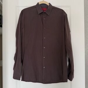 HUGO Dark Brown Pinstripe Dress Men's Slim-Fit Shirt Medium